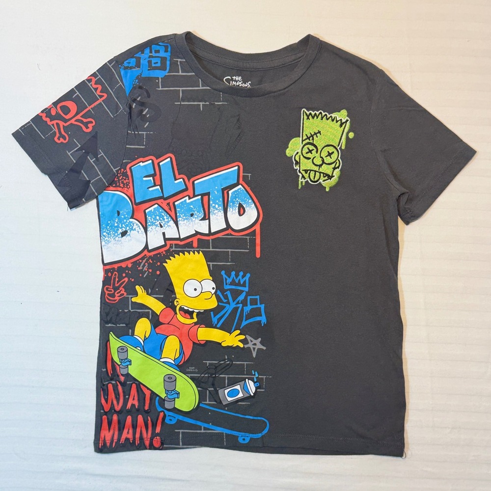 The Simpsons Bart Simpson El Barto Graffiti Graphic T-Shirt Kids Size 8 Gray